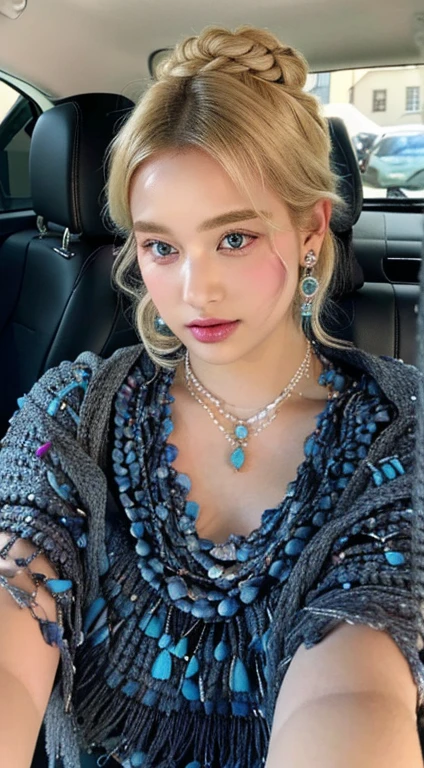 Blonde hair in a loose updo and fuchsia eyes, wearing a black crochet shawl over a light blue blouse, adorned with shell necklaces and pendants and a single earring. Relaxed pose in a car with light from the left side, creating a natural and casual atmosphere, big breasts, heavy breasts