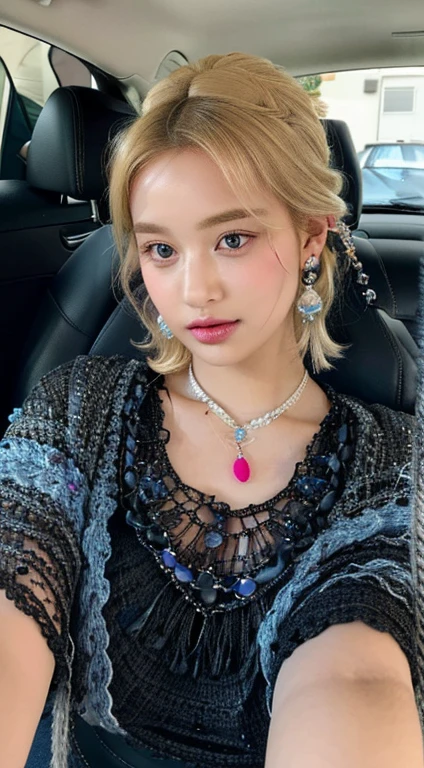 Blonde hair in a loose updo and fuchsia eyes, wearing a black crochet shawl over a light blue blouse, adorned with shell necklaces and pendants and a single earring. Relaxed pose in a car with light from the left side, creating a natural and casual atmosphere, big breasts, heavy breasts