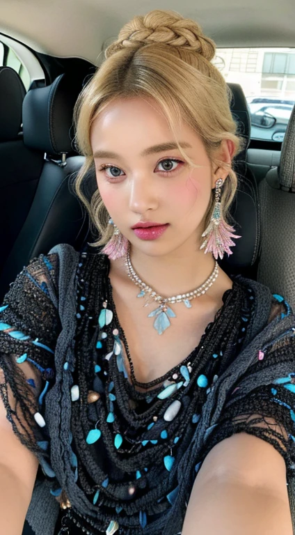 Blonde hair in a loose updo and fuchsia eyes, wearing a black crochet shawl over a light blue blouse, adorned with shell necklaces and pendants and a single earring. Relaxed pose in a car with light from the left side, creating a natural and casual atmosphere, big breasts, heavy breasts