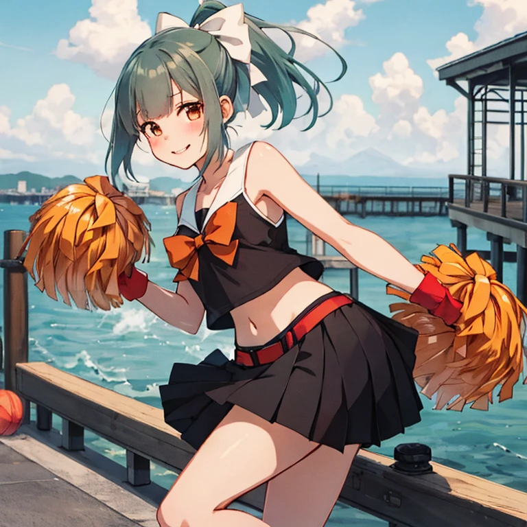 yuubari_kantaicollection,
ponytail, bangs, brown_eyes, bow, hair_bow, green_hair, grey_hair, 
(masterpiece:1.4),(best quality:1.4), (premium:1.4), (great illustration:1.4), (ultra-detailed:1.4),(art CG, 8K),1girl,solo,KonishiCSA, full body, 
(cheerleader:1.4), (Summer Pier:1.4),smile,blush,(wind lift:1.4)
