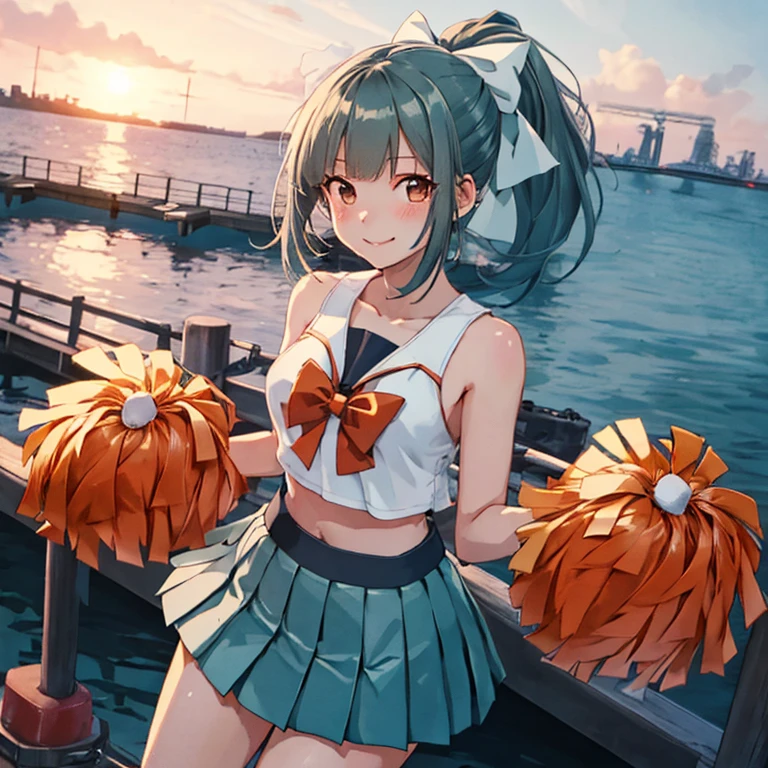 yuubari_kantaicollection,
ponytail, bangs, brown_eyes, bow, hair_bow, green_hair, grey_hair, 
(masterpiece:1.4),(best quality:1.4), (premium:1.4), (great illustration:1.4), (ultra-detailed:1.4),(art CG, 8K),1girl,solo,KonishiCSA, full body, 
(cheerleader cosplay:1.4), (Summer Pier:1.4),smile,blush,(wind lift:1.4)
