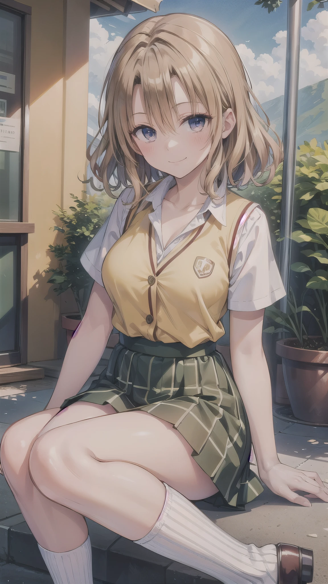 ((super high quality,))((Ultra-high resolution,))(16K,)(super masterpiece,)((Ultra HD ,))(Detailed shading,)((Full Color,))One high school girl,Short wavy orange hair,Open-collar white dress shirt,Unbutton up to the third button,Cream colored sweater vest,Short sleeve,Green plaid mini skirt,White loose socks,smile,Park in the morning sun,