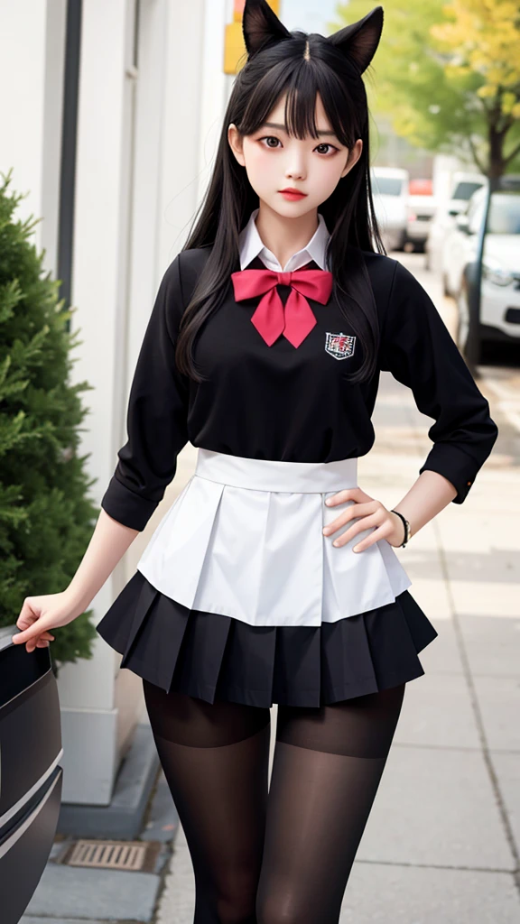 Black color hair，Pink and white school uniform and pleated skirt，Sweet girl，Super cute, beautiful and cute，Like a fairy