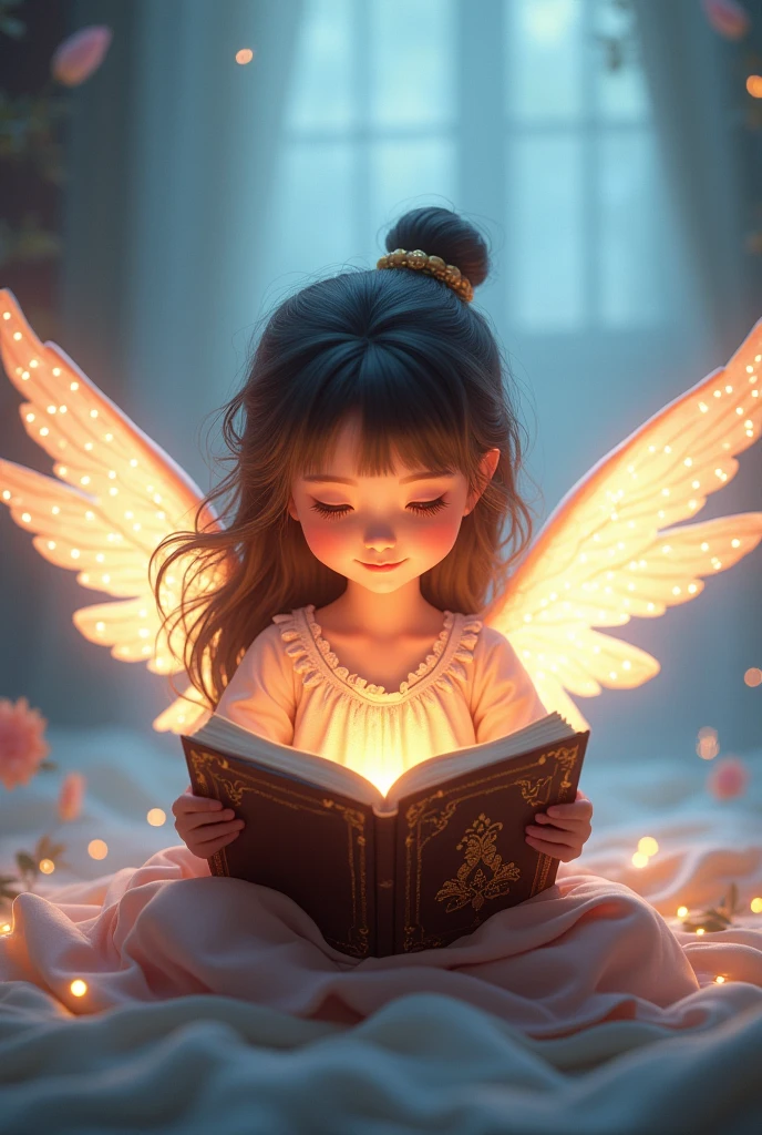 Make a little child with wings holding the holy Bible, uma imagem para capa de livro infantil