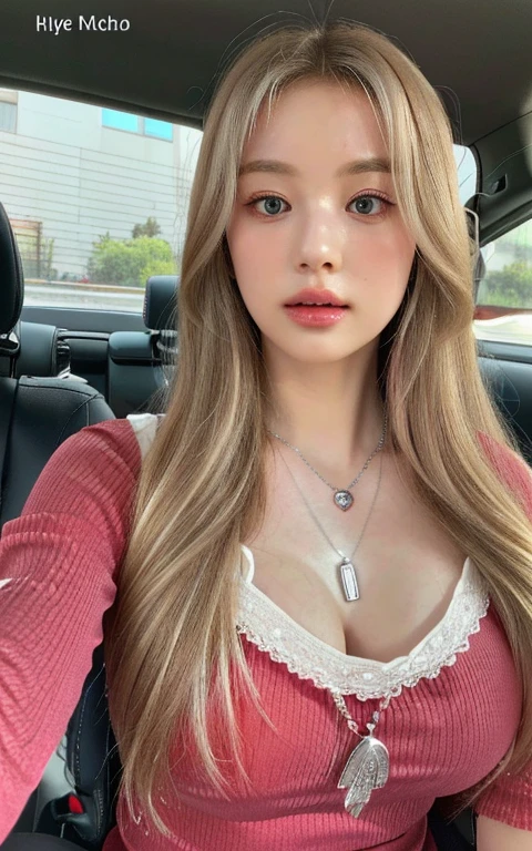 long blonde hair, red top with lace trim and pink eyes, silver layered necklaces with pendants, seated, looking to the camera, soft skin, Interior car environment with view outside through rear window, natural light from the side, informal atmosphere, front viewing angle, sharp focus, big pachos, heavy breasts