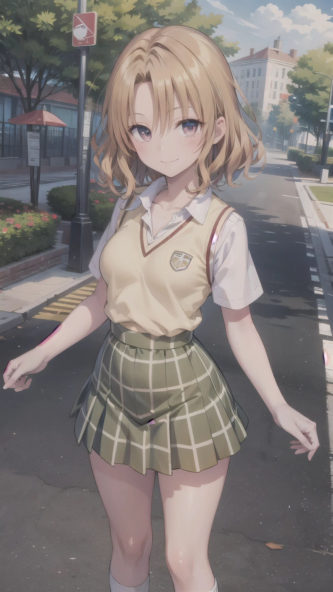 （（super high quality,））（（Ultra-high resolution,））（16K,）（super masterpiece,）（（Ultra HD ,））（Detailed shading,）（（Full Color,））One high school girl,Short wavy orange hair,Open-collar white dress shirt,Unbutton up to the third button,（Cream colored sweater vest:1.6,）Short sleeve,Green plaid mini skirt,White loose socks,smile,Park in the morning sun,