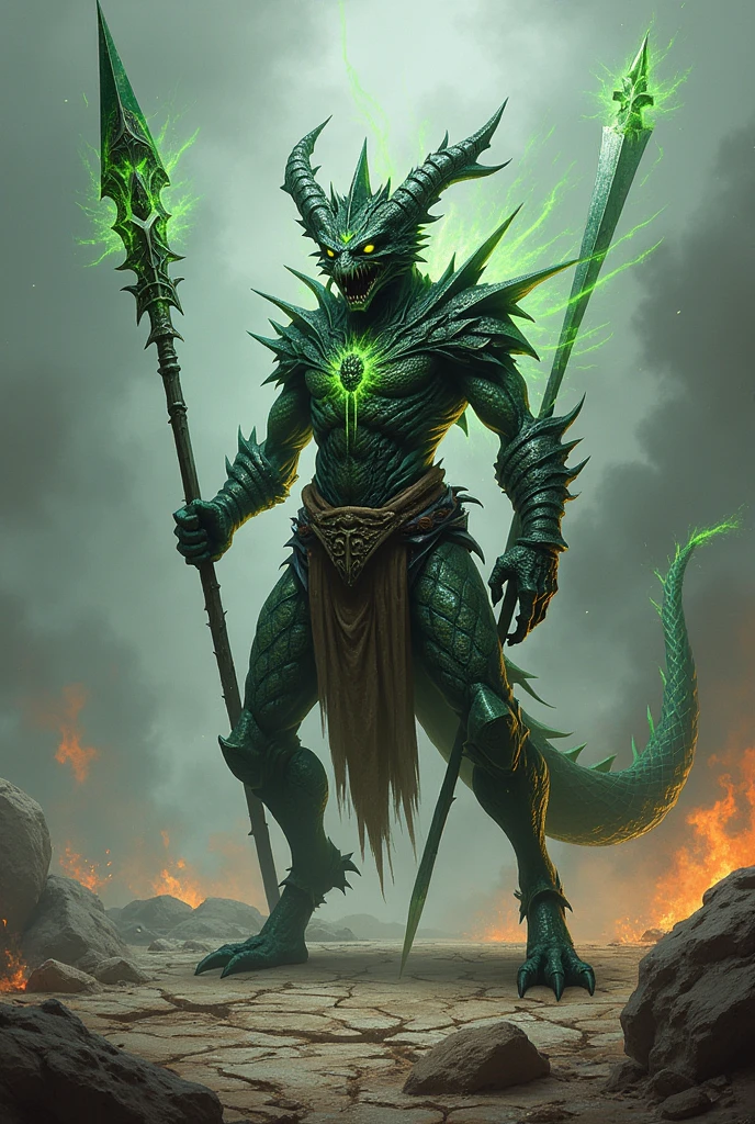 Warrior in green armor and a closed green helmet launches a light green energy blast with his hands with a dragon on the tip
