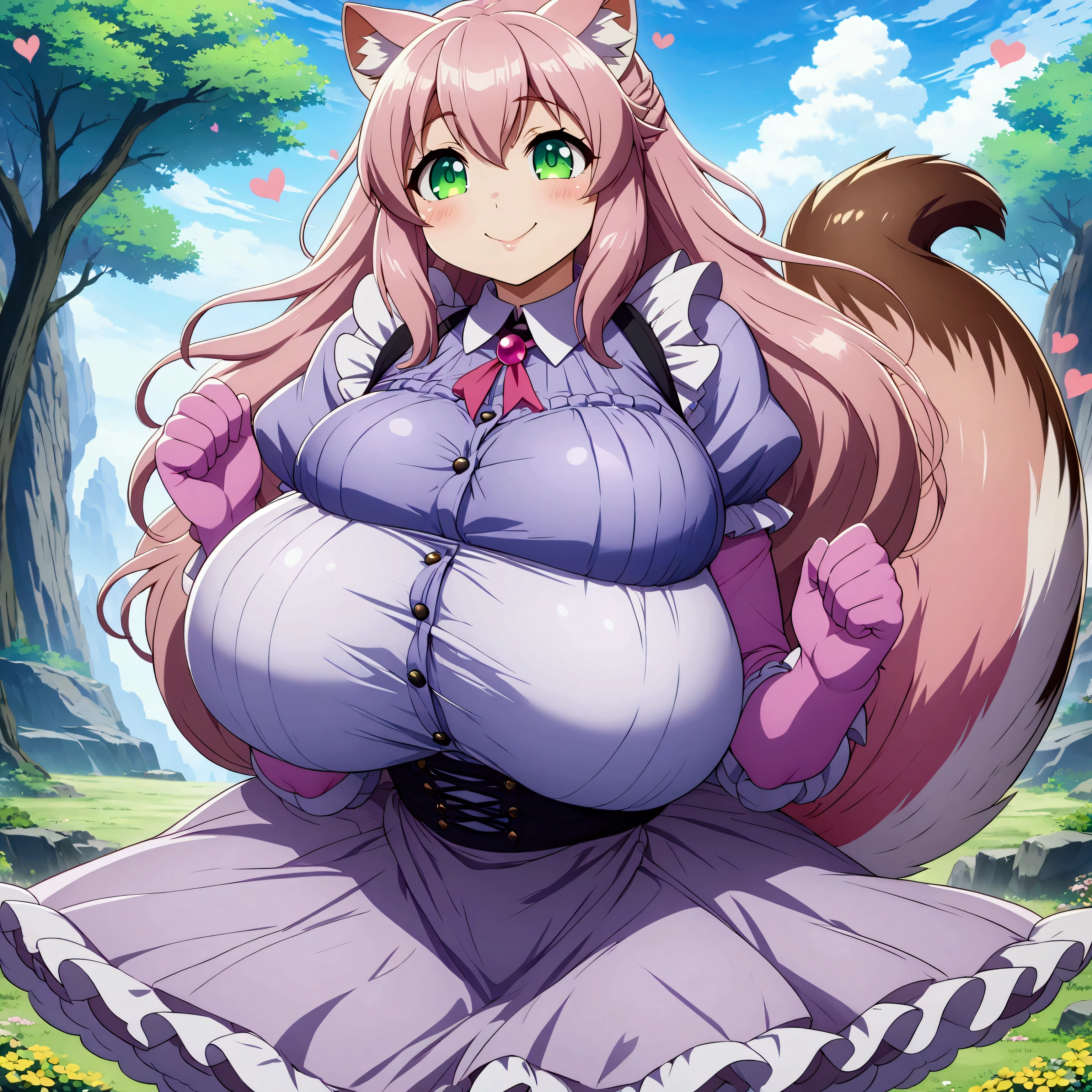 4k,high quality, 1girl, anime art, a cute kemono female, big squirrel tail, light pink cat ears, pink skin, pink fur, light purple hair, green eyes, dazzler, super huge breasts, maid, kawaii