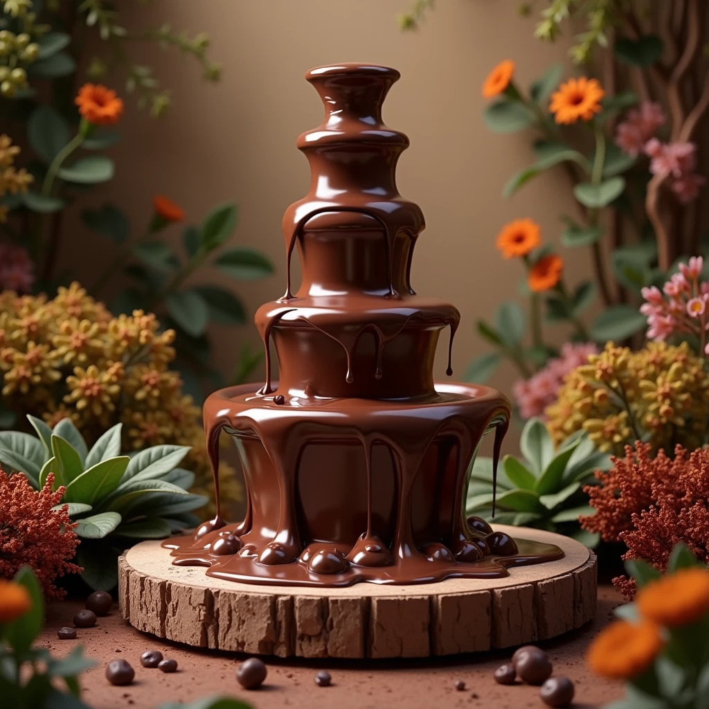 A lush chocolate cake sits at the center of the image, covered in a generous amount of thick chocolate sauce that is being poured from an elegant container. The sauce falls in a continuous stream over the cake, forming a shiny and irresistible layer.
As the sauce flows, a graceful female figure emerges from the sauce, looking almost magical. Her limbs, made of chocolate sauce, extend around her, creating a sense of fluid and enchanting movement. The figure has a serene and elegant countenance, with delicate features that complement the richness of the chocolate.
The surrounding scene is sophisticated and elegant, with a blurred background that highlights the cake and the dancing figure. Soft, twinkling lights create an atmosphere of luxury and refinement, enhancing the beauty of the scene without distracting from the main focus.
The color palette is rich and enveloping, with deep brown tones from the cake and sauce contrasting with the soft golden lights in the background, creating an image that is both delicious and visually stunning.