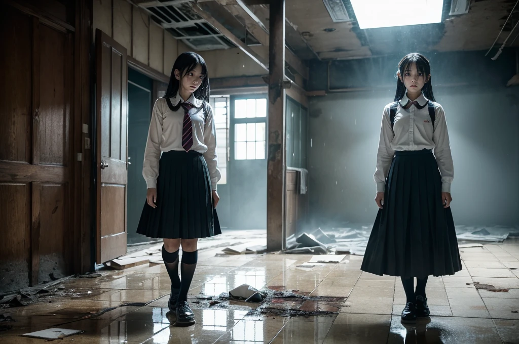 Scene of two school girls  ,hanging, chair falls to the ground 