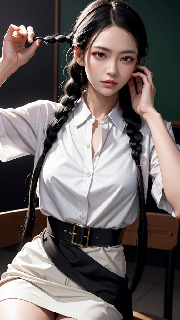 ((in the dark, in the dim deep mountain pass, dark sky)), (((round face))), (blush, open mouth), ((large areolas)), ((bending to open legs, showing off her pubic hair and genitals)), (young woman, white summer shirt, skirt, uniform), ((one thick braid)),