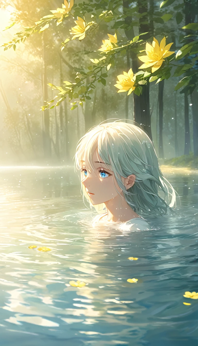 Anime style female character in water, (Gentle expression:1.1), Blue colored eyes, White top, (Water ripple effect around the body:1.3), Sunlight reflecting off the surface of the water, sunny, subtle water splash, High Resolution Digital Art, Soft color palette, Peaceful atmosphere, (Calm sea background:1.1), Realistic water texture　“A peaceful river flows gently through a dense, green forest. Bright yellow flowers float on the surface of the water, their petals glistening in the golden sunlight streaming through the tall trees. Mist rises slightly in the background as sunlight filters through the canopy, creating a calm, dreamlike atmosphere.”
