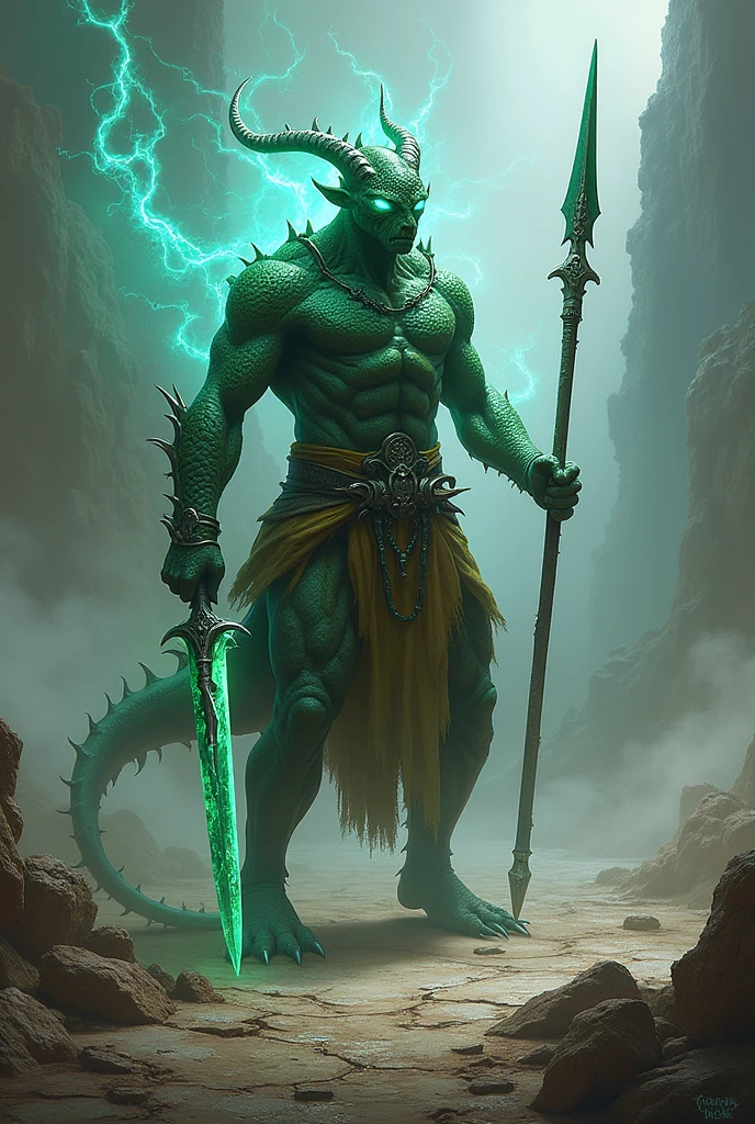 Create a rpg character He is a pure blood yuan ti He is a druid, and dresses accordingly He is a black man and on his skin he has some green scales His eyes are similar to those of a snake He commands a spirit in the form of a serpent He is a wizard He dresses in a cloak and pants He has a wooden staff He is young and thin, put on shoes Your skin is lighter, its scales appear on its arms and chest Make the snake more visible The snake is on fire Its chest is covered by leather clothes
