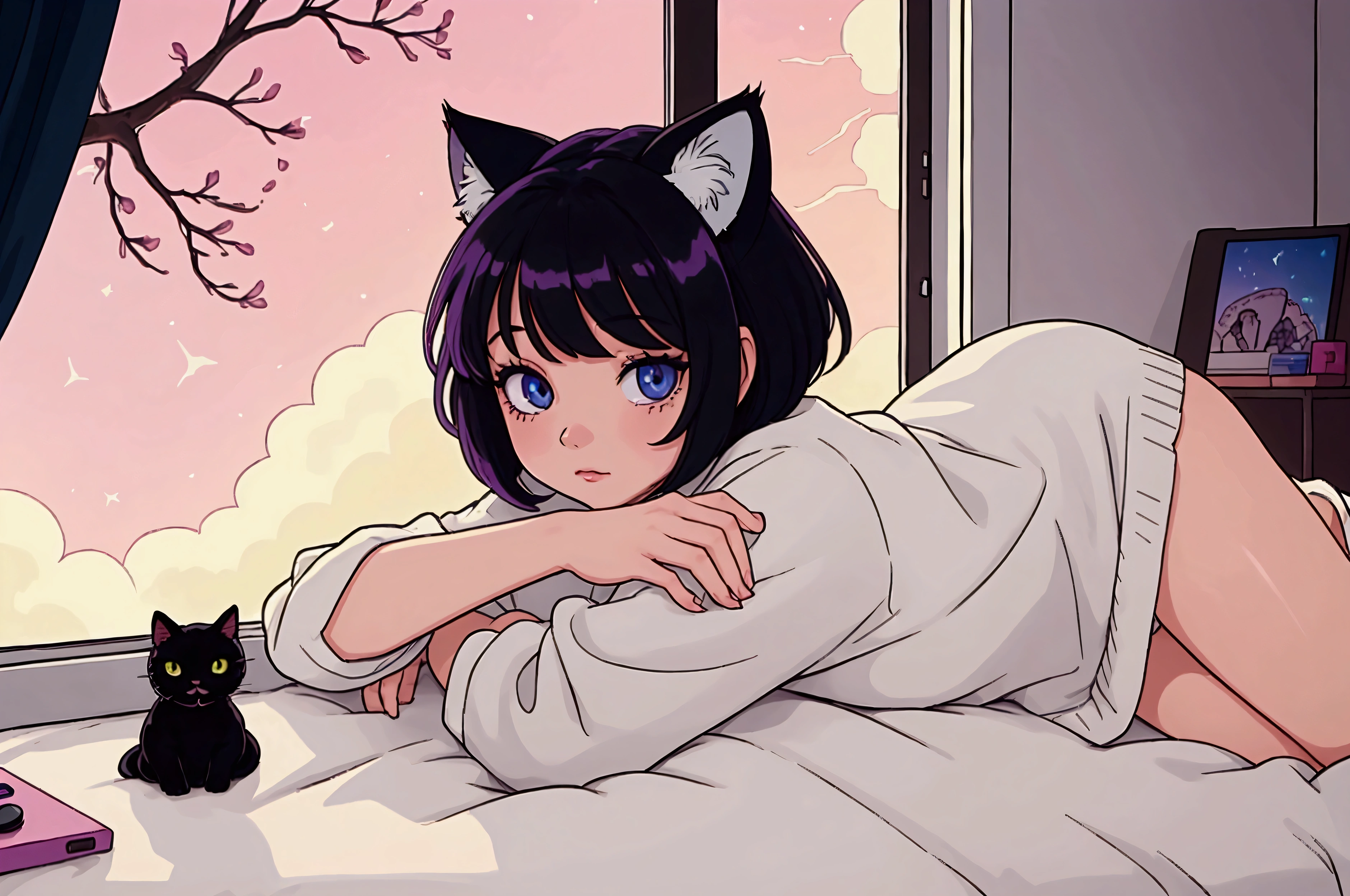 A girl with short black hair and cat ears, shiny hair with a relaxing atmosphere, listening to music, and the detailed and vibrant colors, reflecting an 80s and 90s anime aesthetic, mixed with a touch of Fujifilm aesthetics. The girl has beautiful eyes, and the entire composition is in 4K, capturing the lofi aesthetic with a soft and tranquil atmosphere.