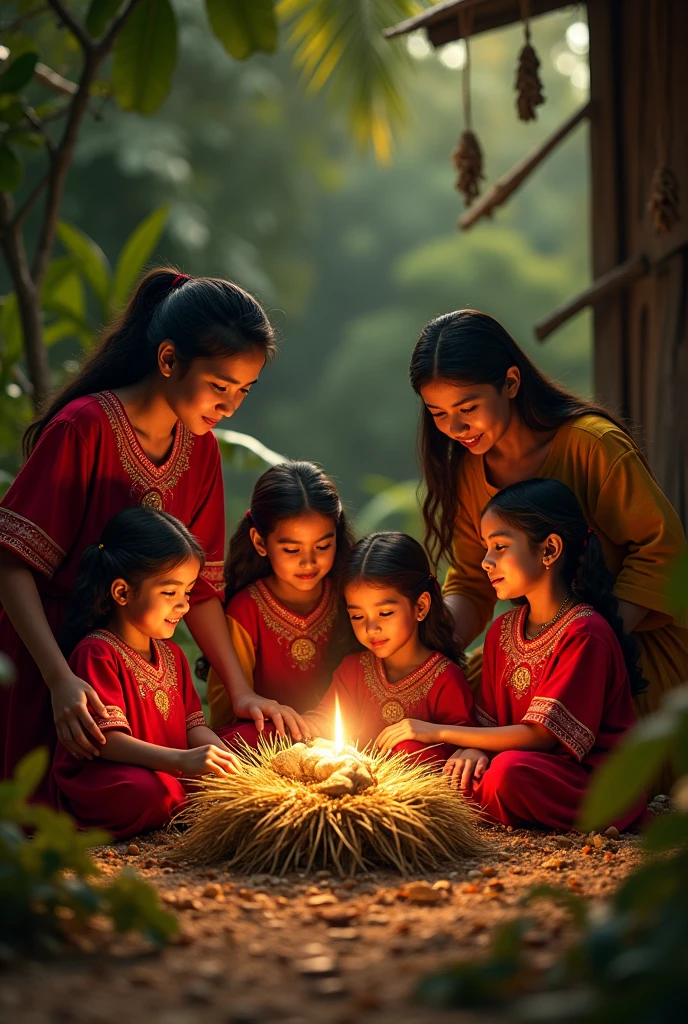 A contemplative moment in a Sri Lankan Sinhala family's home, featuring a multi-generational gathering around a traditional oil lamp during the auspicious festival of Vesak. The soft glow of the lamp illuminates the room as family members engage in prayers, reflection, and storytelling.
Modifiers: Peaceful, introspective, spiritual, warm, reverent, serene, intergenerational, traditional.
Artist or Style Inspiration: Taking inspiration from the works of Anoma Wijewardene, Laki Senanayake, and Jagath Weerasinghe.
Technical Specifications: A tender digital painting with delicate lighting and attention to detail, emphasizing the family's expressions and the cultural significance of the Vesak festival. The image should capture the quietude and solemnity of the moment while conveying a sense of familial unity