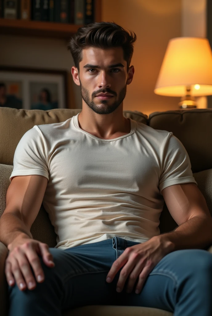Real-life Photorealism, Raw Portrait Photography full-body shot, Photorealism portrait of Chinese handsome super model guy, neat muscular, tight, naked, bed room, smile, bulge, 8K UHD、RAW Photography、Photorealistic Portrait Leica Digital SLR、Lifelike images