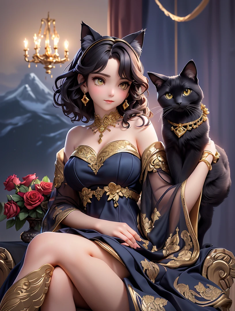 elegant, Short curly hair，Wearing flowers and cat ears, Delicate dark blue dress，With gold embellishments and off-the-shoulder sleeves, Delicate lace details, holding red roses, Wearing gold jewelry，Includes statement necklaces and large earrings, Sitting, Mysteriously looking away from the camera, Smooth and fair skin, Castle and mountain landscape in the background，Bright colors of sunset, Dramatic lighting from the front, Creating strong shadows, Charming and distinguished atmosphere, Front view, Shallow depth of field, Focus on the topic, Balanced exposure, A black cat on my arm.