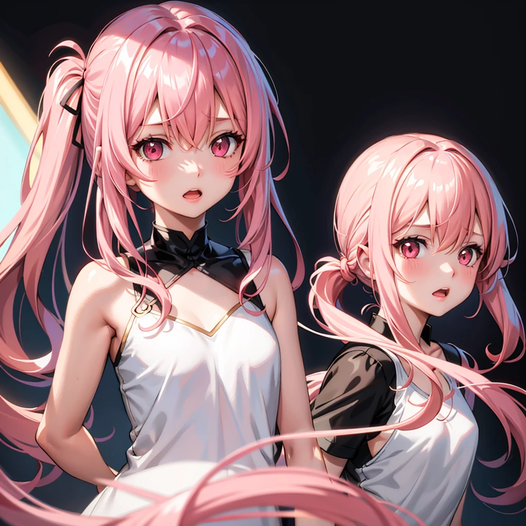 anime、Platinum pink hair(Twin tails:1:20)(Ahoge:1:10)、blue eyes、About 10 years old、chest、naked、Laugh with your mouth closed、The double tooth shines、Red on the neck、white、Blue magatama necklace、Beautiful illustrations, Highest quality, Cute girl, (Conversion Sequence), Transformation Magical Girl, Little, whiteい魔法少女, Fractal Art, albino, Baby Face, 長くて純whiteの赤のメッシュヘア, Beautiful and detailed red eyes, Cinema Lighting, Cowboy Shot, View your viewers, From below, Happy