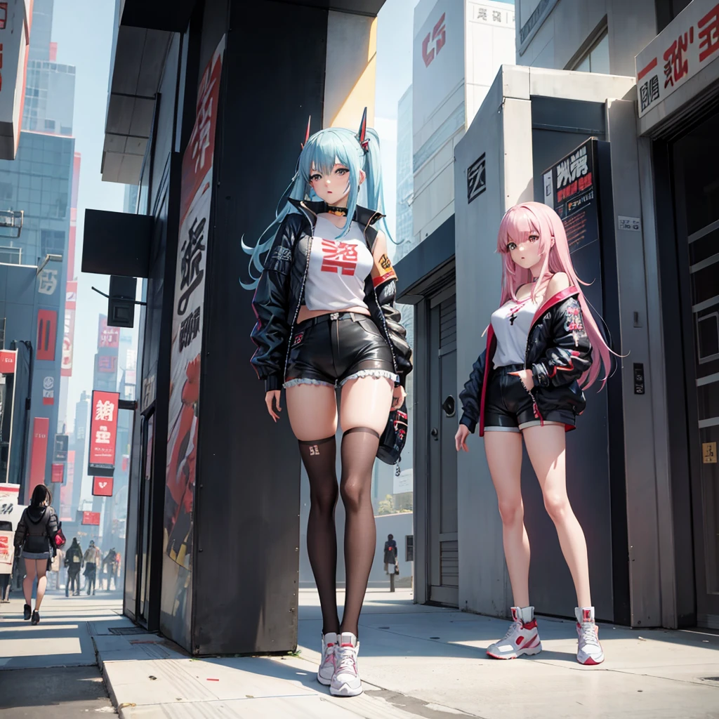 Anime, girl in a short miniskirt, red and white hair, Twin Tail, in a beautiful pose, 3D wallpaper