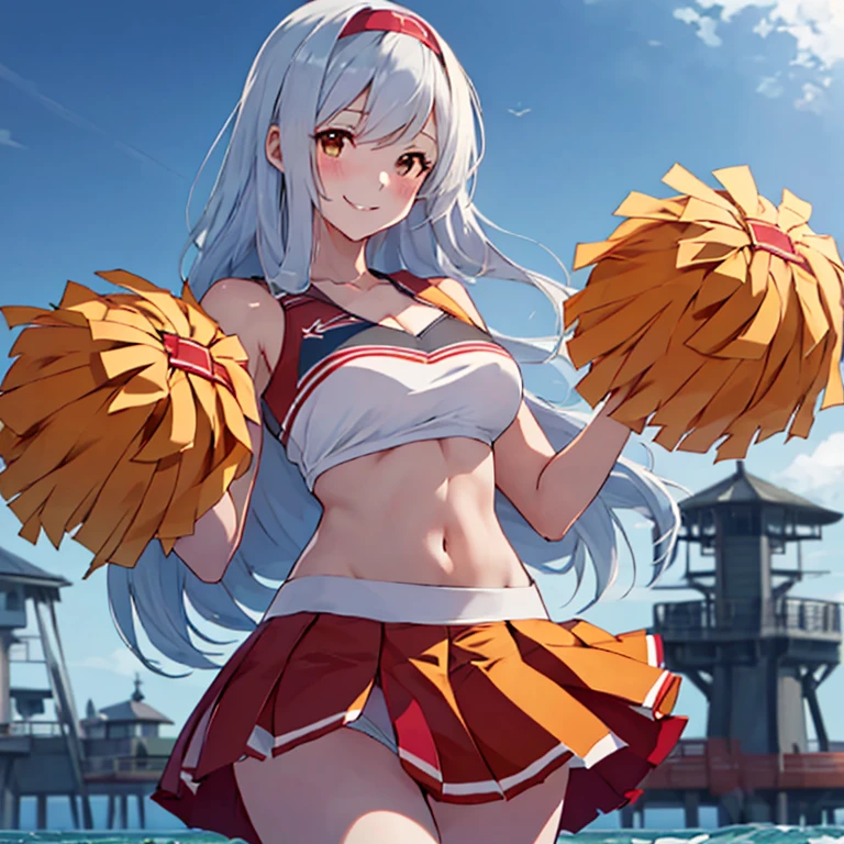 shoukaku_kantaicollection,
long_hair, hairband, white_hair, brown_eyes, headband,
(masterpiece:1.4),(best quality:1.4), (premium:1.4), (great illustration:1.4), (ultra-detailed:1.4),(art CG, 8K),1girl,solo,KonishiCSA, full body, 
(cheerleader cosplay:1.4), (Summer Pier:1.4),smile,blush,(wind lift:1.8)
