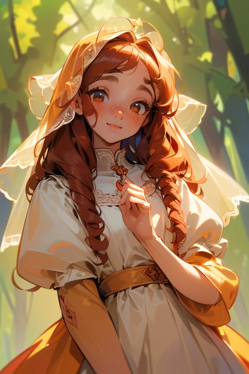 ((Masterpiece:1.5, Best Quality, High Resolution:1.3, Super Resolution, Super Detailed, Ultra Detailed:1.3, Perfect Anatomy:1.5, 1 girl) pale skin + long curly red hair + honey eyes + long eyelashes + feminine figure + freckles on her cheeks (modest and cute dress, novice veil) ((open eyes, cheerful expression, luminous eyes))