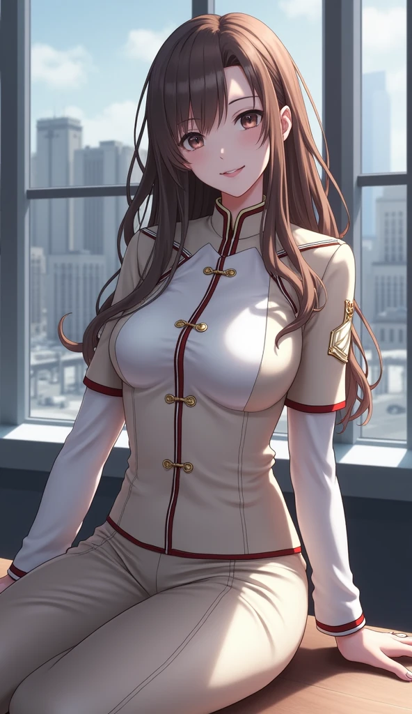 a girl are a blouse showing her breasts, ((detailed nipples)), orange shorts, (long stockings), cityscape, medium breasts, ((very detailed)), perfectly detailed face, detailed hand, photorealistic image.