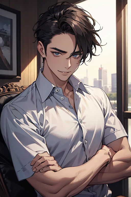 handsome man、Hairstyle with forehead、shorth hair、wearing a shirt、crossed arms、virado para a frente, 3, ultra HD, high qualiy, detail, anatomically correcte, seducing smile.