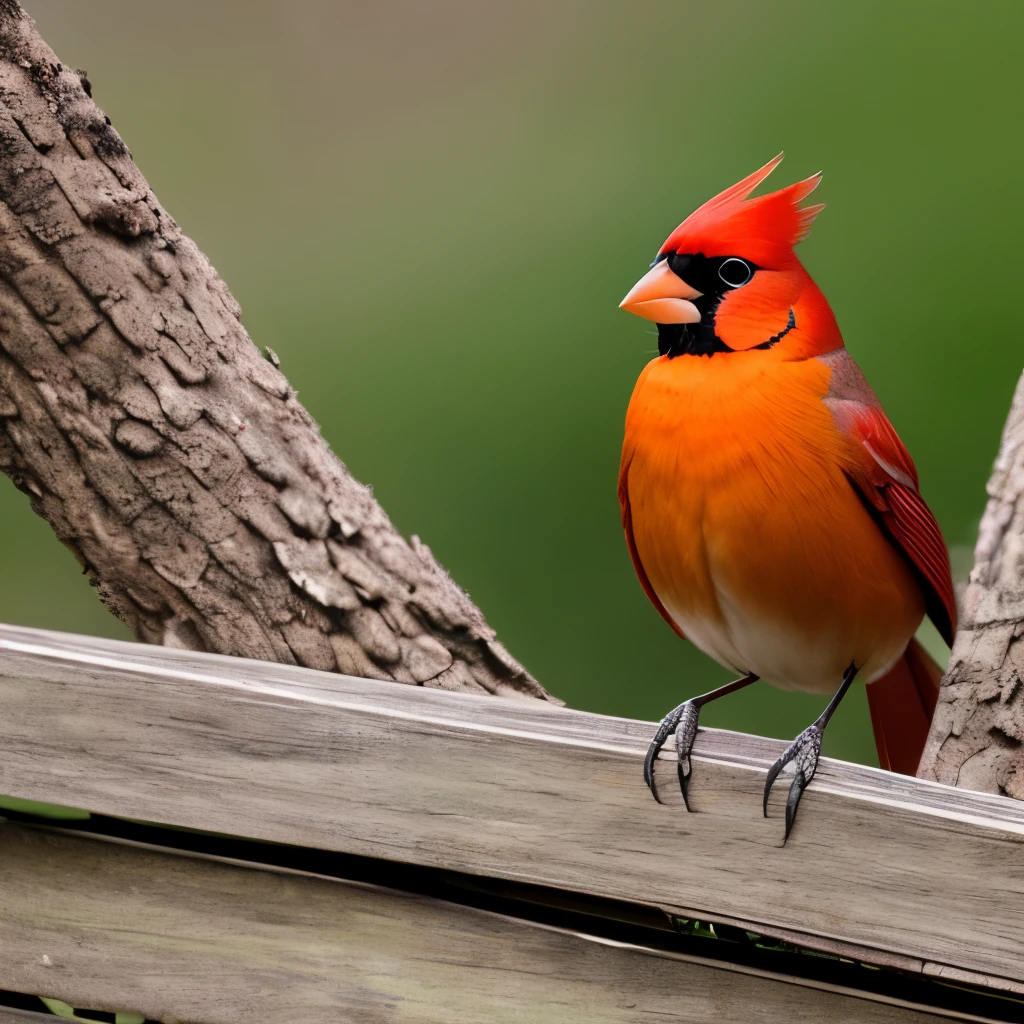 vibrant yellow cardinal, standing on a weathered wooden fence, facing left, sharp beak, prominent black mask around the eyes, tufted crest, grey-brown wings and tail, natural outdoor setting, blurred background with soft green and brown hues, diffused natural light, calm and serene atmosphere, detailed plumage texture, side view close-up photography, sharp focus on the bird, soft depth of field, no motion blur.