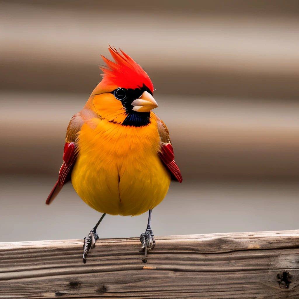 vibrant yellow cardinal, standing on a weathered wooden fence, facing left, sharp beak, prominent black mask around the eyes, tufted crest, grey-brown wings and tail, natural outdoor setting, blurred background with soft green and brown hues, diffused natural light, calm and serene atmosphere, detailed plumage texture, side view close-up photography, sharp focus on the bird, soft depth of field, no motion blur.