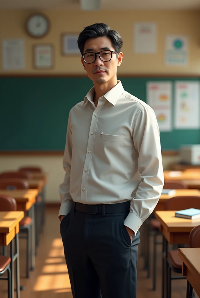 Young math teacher standing in front of the podium lecturing,In a white blouse shirt,The blackboard behind him is written with mathematical formulas