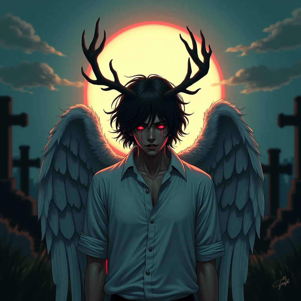 Alicorn stallion red and black hair, red cybernetic eyes, ,black sclera badass ,tattoo on neck, scar on left eye hospital ,laying in hospital bed ,coma solo. Asleep