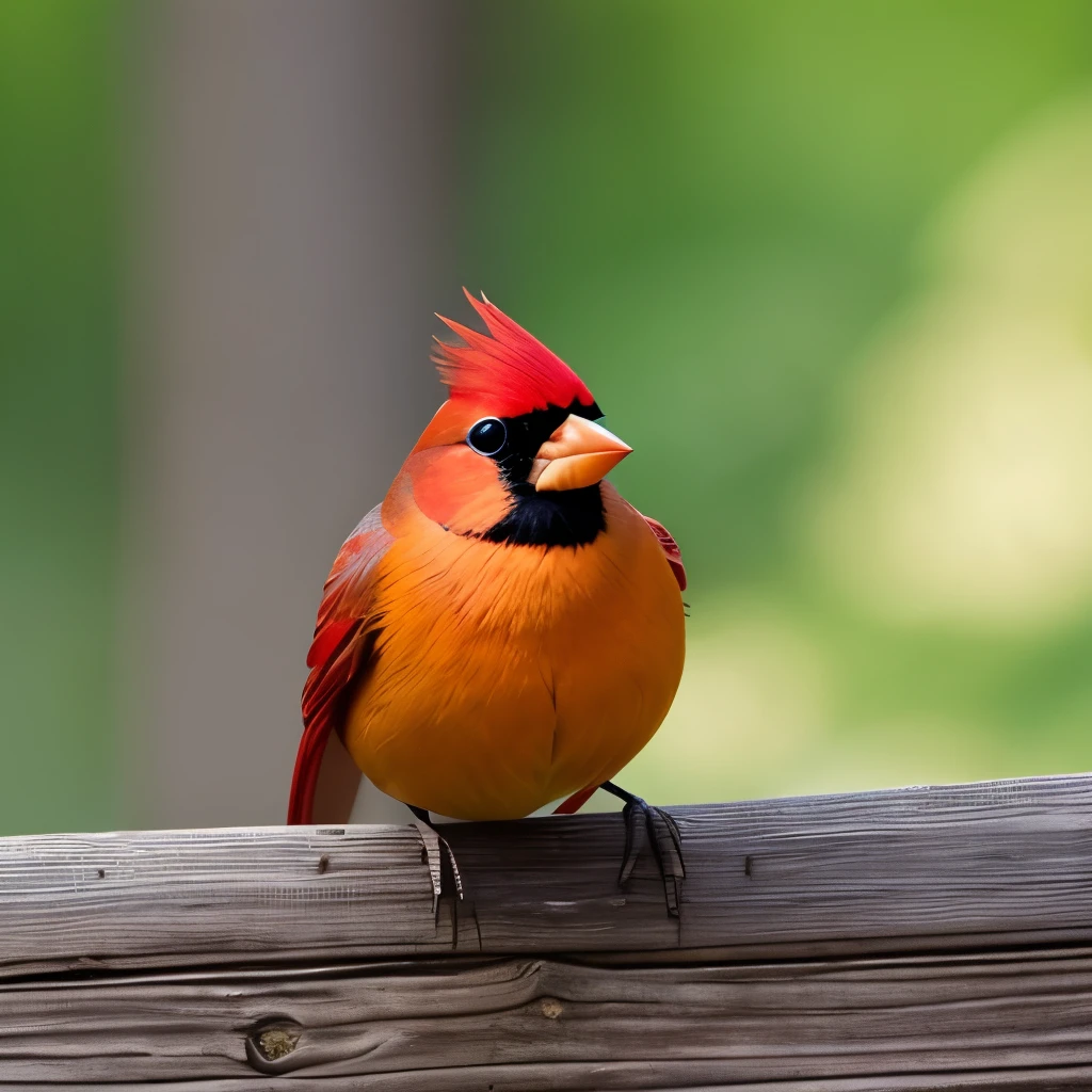 vibrant yellow cardinal, standing on a weathered wooden fence, facing left, sharp beak, prominent black mask around the eyes, tufted crest, grey-brown wings and tail, natural outdoor setting, blurred background with soft green and brown hues, diffused natural light, calm and serene atmosphere, detailed plumage texture, side view close-up photography, sharp focus on the bird, soft depth of field, no motion blur.