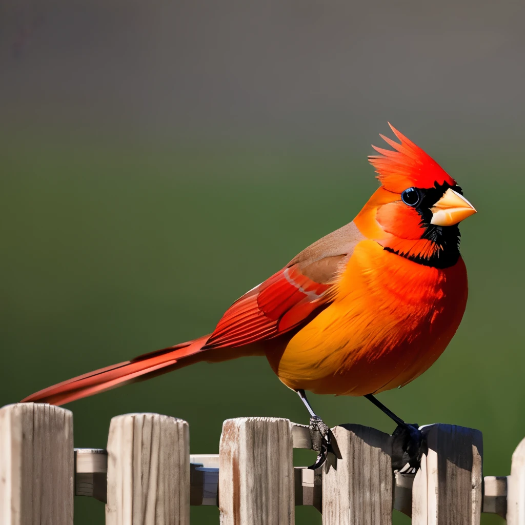 vibrant yellow cardinal, standing on a weathered wooden fence, facing left, sharp beak, prominent black mask around the eyes, tufted crest, grey-brown wings and tail, natural outdoor setting, blurred background with soft green and brown hues, diffused natural light, calm and serene atmosphere, detailed plumage texture, side view close-up photography, sharp focus on the bird, soft depth of field, no motion blur.