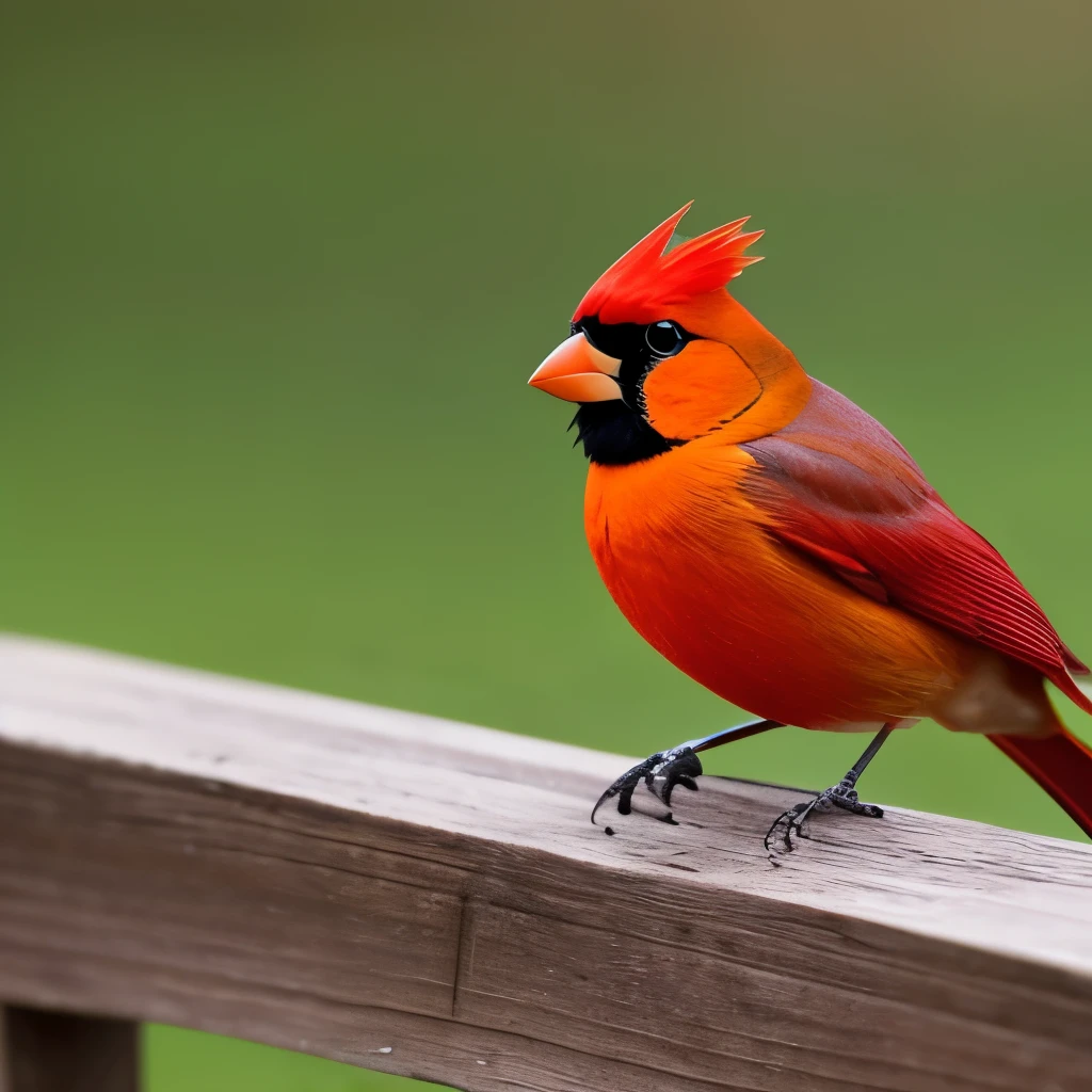 vibrant yellow cardinal, standing on a weathered wooden fence, facing left, sharp beak, prominent black mask around the eyes, tufted crest, grey-brown wings and tail, natural outdoor setting, blurred background with soft green and brown hues, diffused natural light, calm and serene atmosphere, detailed plumage texture, side view close-up photography, sharp focus on the bird, soft depth of field, no motion blur.