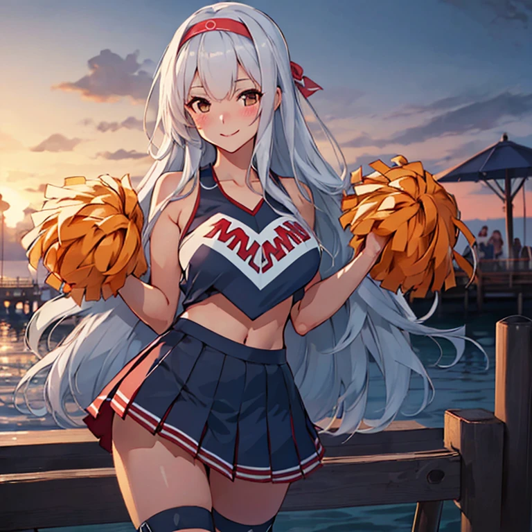 shoukaku_kantaicollection,
long_hair, hairband, white_hair, brown_eyes, headband,
(masterpiece:1.4),(best quality:1.4), (premium:1.4), (great illustration:1.4), (ultra-detailed:1.4),(art CG, 8K),1girl,solo,KonishiCSA, full body, 
(cheerleader cosplay:1.4), (Summer Pier:1.4),smile,(blush:1.2),underboob
