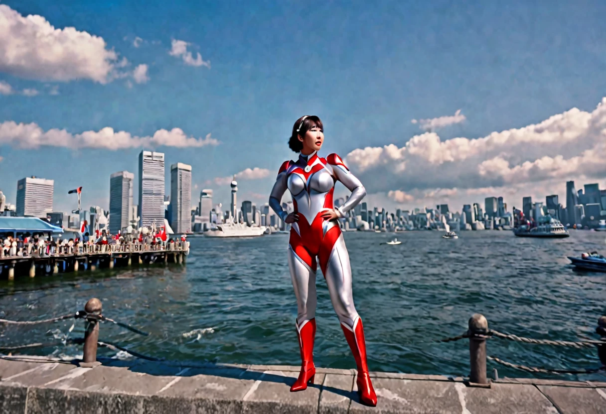 a huge ultra woman in a sexy ultraman costume, incredibly busty, standing in tokyo bay over the defeated beast, recharging in the sunlight, a crowd watching and cheering on a nearby pier, highly detailed, 8k, photorealistic, dramatic lighting, cinematic composition, vivid colors, epic fantasy, sci-fi, superhero
