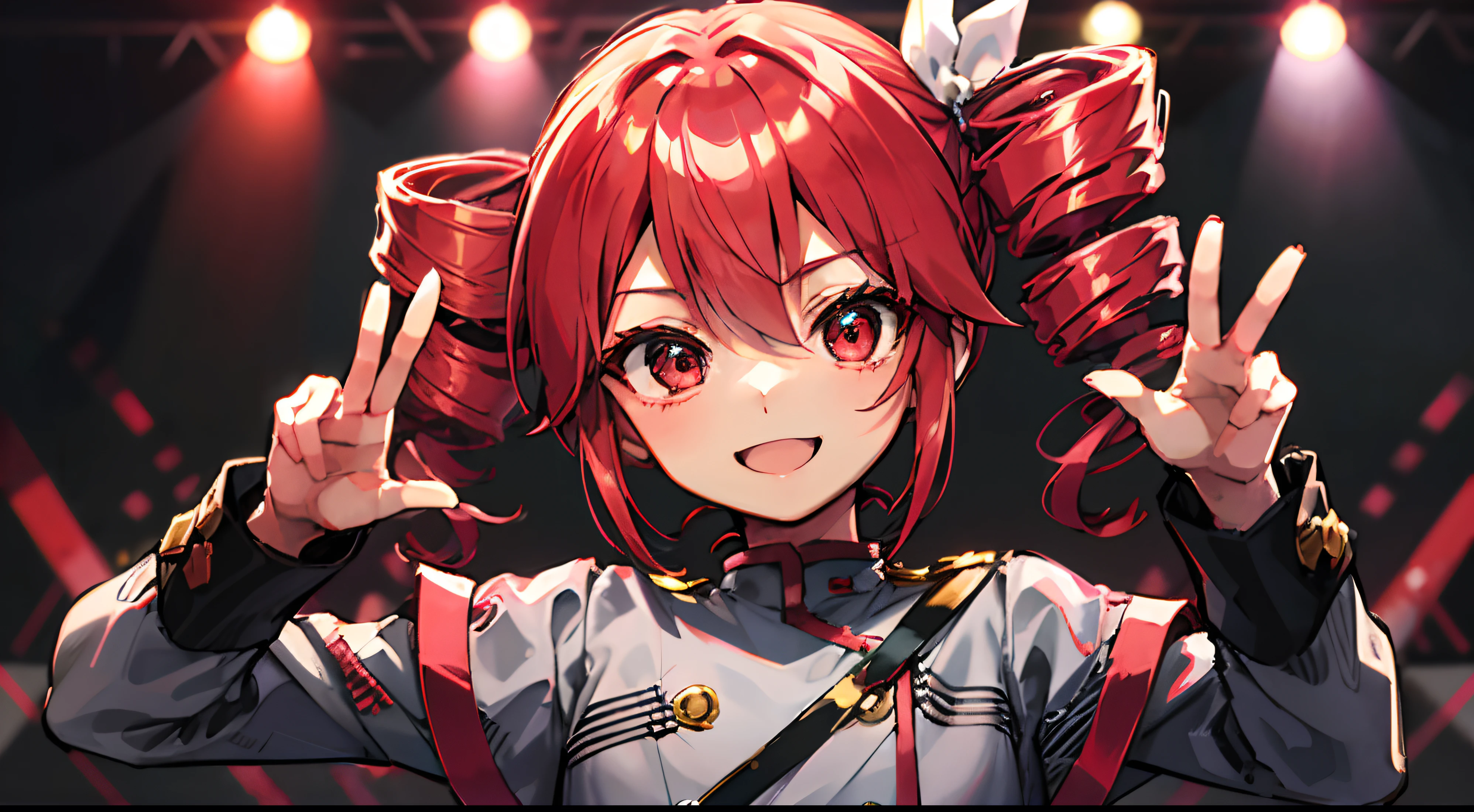 cute、One Girl、high quality、((masterpiece))、Tet、KasaneTeto、Twin Drill Hair、Smile in public、On Stage、Redhead、neat clothes of neat gray color,,,,,,,,、Red curly hair like a drill、Red eyes、Idol Pose、Hand invisible pose