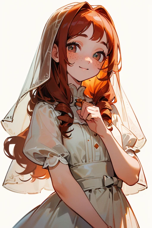 ((Masterpiece:1.5, Best Quality, High Resolution:1.3, Super Resolution, Super Detailed, Ultra Detailed:1.3, Perfect Anatomy:1.5, 1 girl) pale skin + long curly red hair + honey eyes + long eyelashes + feminine figure + freckles on her cheeks (modest and cute dress, novice veil) ((open eyes, cheerful expression, luminous eyes))