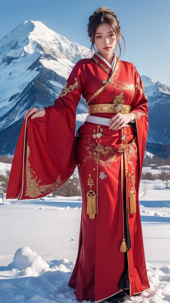 ((Highest quality、8k、masterpiece:1.3))、Realistic, Sharp focus, High resolution, High resolution, Portraiture, alone, Full body photography、Japanese, Beautiful woman,Big Breasts、red royal dress,standing,Gold Edge、Snowy mountain top