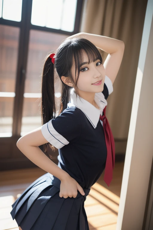 (Best Quality,4K,High resolution:1.2), Ultra-detailed, Realistic portrait, Best Quality, (outside japanese high school), (passionate scene),one young looking high school girl, (intense emotion), (carp), (kiss:1.1), , (open eyes),(innocent look), student clothes, long black hair with bows and ribbons、Mini Pleated Skirt、(Stockings), standing, open mouth, big breasts, lingerie, pigtails, thin tiny waist, black and pink marching band uniform with bow, having fun, small body, big brown eyes, big cute smile, (full body, perfect long legs)