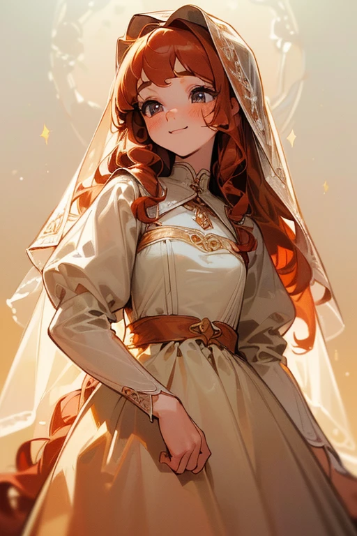 ((Masterpiece:1.5, Best Quality, High Resolution:1.3, Super Resolution, Super Detailed, Ultra Detailed:1.3, Perfect Anatomy:1.5, 1 girl) pale skin + long curly red hair + honey eyes + long eyelashes + feminine figure + freckles on her cheeks (modest and cute dress, novice veil) ((open eyes, cheerful expression, luminous eyes))