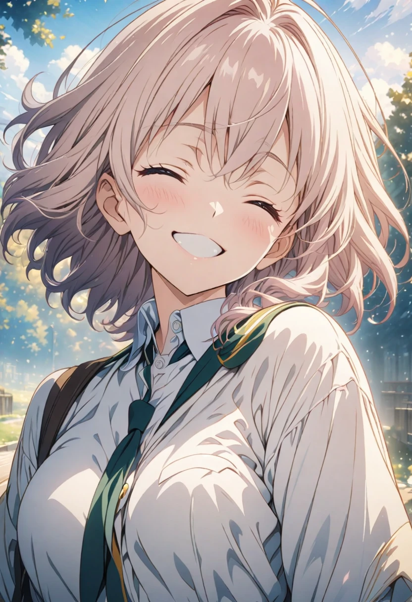 masterpiece, Highest quality, Highly detailed CG Unity 8K wallpapers, High  Girl Anime Illustration. Wearing a uniform、she has her eyes closed and mouth open, smile. The background is a light pastel colored landscape