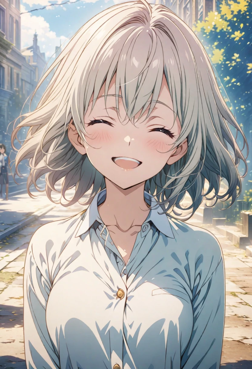 masterpiece, Highest quality, Highly detailed CG Unity 8K wallpapers, High School Girl Anime Illustration. Wearing a uniform、she has her eyes closed and mouth open, smile. The background is a light pastel colored landscape