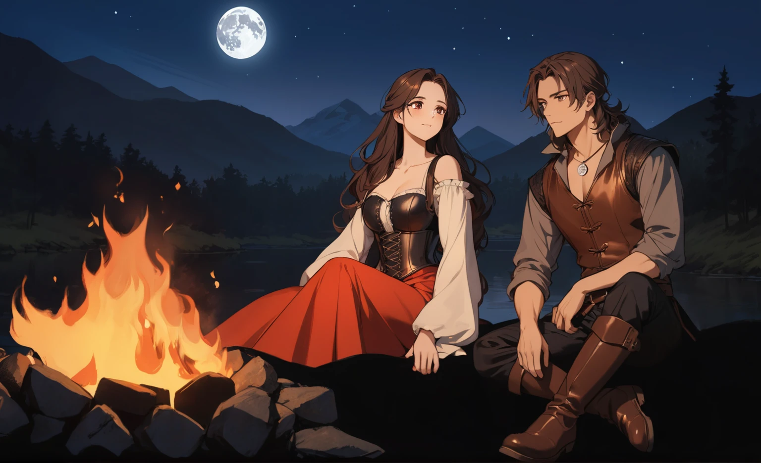 masterpiece, best quality, perfect face, anime, (expressive eyes), campfire, night scene, two people sitting by the fire staring at each other affectionably. medieval fantasy renaissance. young woman on the left wearing red dress with a leather corset and long open shoulder sleeves, she have black wavy hair and brown eyes. young man on the right wearing grey shirt with a leather vest, black pants and boots, he have long wavy brown hair falling over his shoulders and brown eyes, silver medallion around his neck. campfire in front, dark silhouettes of trees, mountains and a river flowing in the background, deep blue sky replete of starts and a full moon, soft natural lighting from the fire, warm and cozy atmosphere, low angle, balanced exposure