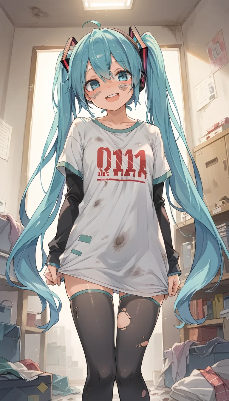 Best quality, masterpiece, 1 girl 1 guy, Hatsune Miku, Black T-shirt, sits on the face, sitting on person, cunnilingus, dominate in your face