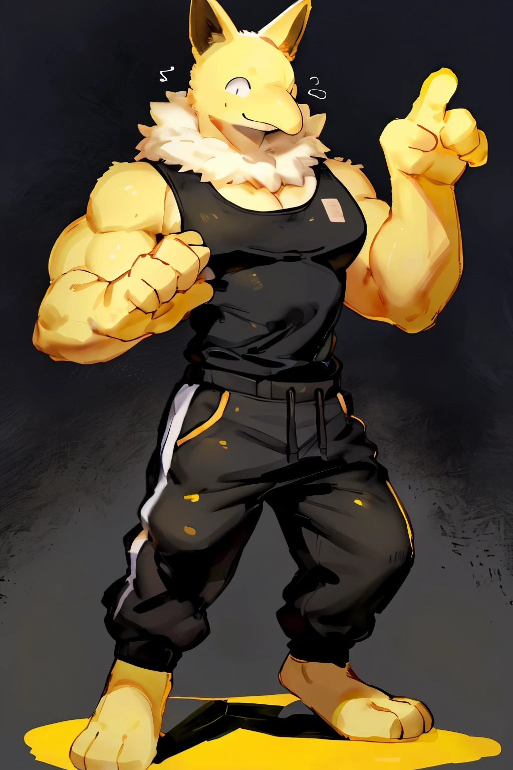 Furry, Anthro, solo, Hypno, Male, (((muscular body, massive male pectorals, yellow skin, fluffy neck, wearing white fur around neck, facing viewer))), ((((massive biceps, wide-eyed, head tilted,)))), ((((((massive bulky torso, head tilted, happy, smile, wearing black full male tanktop, wearing black sweatpants, barefoot, standing slanted, hand up)))))), full body, (black/yellow spraypainted background), by buta99, by zackary911, by bebebebebe, (((digital painting)))