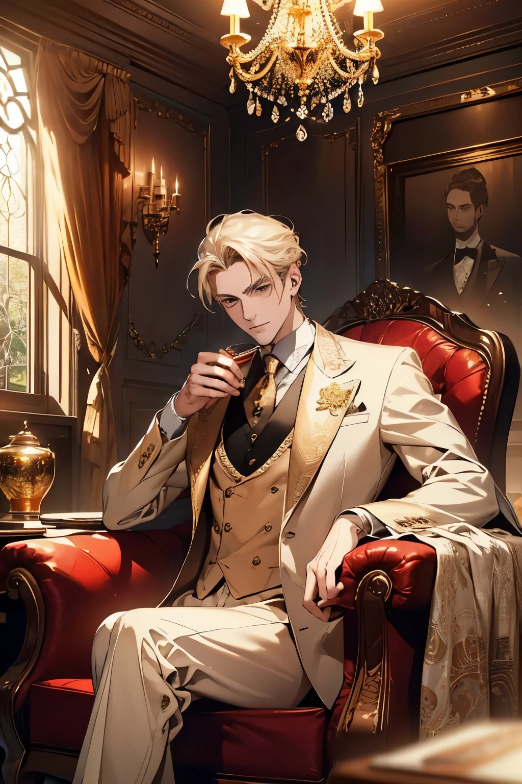 a dealer in a gambling casino, many golden casino chips, elegant casino interior, stacks of golden chips, man in a suit sitting at a gambling table, dramatic lighting, moody atmosphere, photorealistic, hyper detailed, 8k, cinematic composition, (best quality,4k,8k,highres,masterpiece:1.2),ultra-detailed,(realistic,photorealistic,photo-realistic:1.37),professional,vivid colors