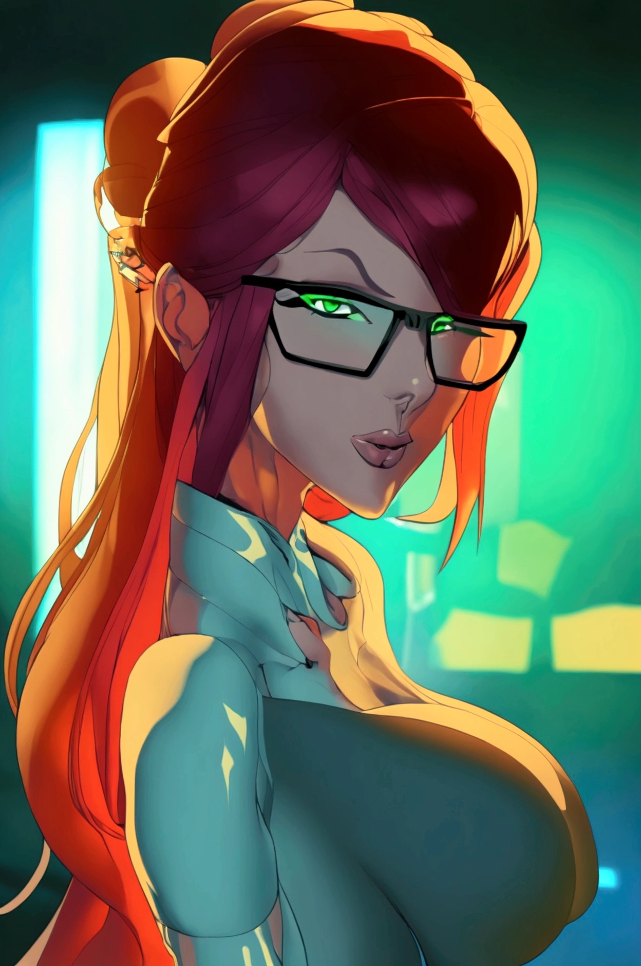 1girl, blue eyes, orange hair, ((glasses)), jewelry, lips, long hair, ring, shirt, solo, white shirt, indoors, wall, open mouth, tongue, tongue out, saliva drip, half-closed eyes,
masterpiece, best quality, <lora:fellatrix_style_v2:0.7> fellatrix style, bimbo,lips,makeup, anime screencap, flat color, <lora:emotion_happy_slider_v1:2><lora:add_sharpness:1><lora:add_sharpness:1><lora:add_sharpness:1><lora:add_sharpness:1>