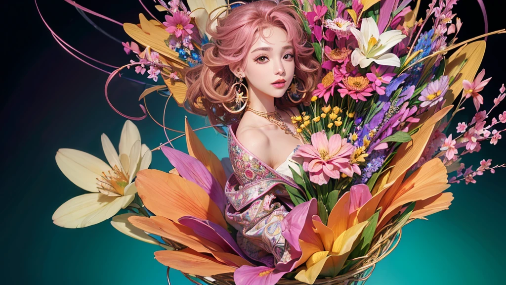 32K, 最高quality, 最高masterpiece, (ultra-Detailed Background, Detailed Background), High resolution, Super detailed, Very detailedな, 1 personの, (bouquet:1.3), (Tangled:1.2), (Geometric:1.2),(colorful),(masterpiece, quality, best quality, Official Art, Beautiful and beautiful:1.2), (1 person:1.3), Very detailed,(colorful:1.1)(Flowers:1.3),Most detailed,(Tangled:1.2), whole body, (Abstract background:1.3), (Skin glows), (Many colors:1.4), ,(Earrings Jewelry:1.5), Purple-red pale background, It's imaginative., Milk tea colored hair,