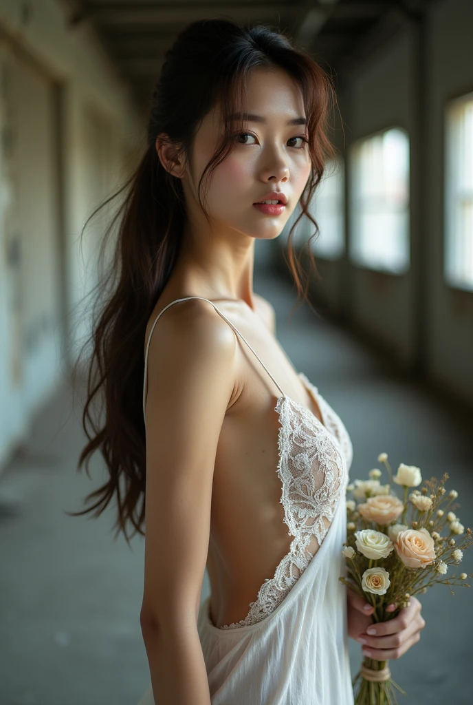 (Highest quality:1.4),(masterpiece:1.4),(Realistic:1.4),(Realistic:1.2),(超High resolution, RAW Photos:1.4),(High resolution, Very detailed:1.2),(8k:1.2),photograph,(Shot from behind:1.3)、Korean women、brown hair photos,One Woman,alone,(In underwear),Very large breasts,((Thigh to head shot:1.3))、(((topless、You can see her large breasts from the side.)))、((Toothy smile))、((Very large breasts:1.4))、Realistic skin textures、Slightly freckled、Slender figure、Realistic skin textures、((background,Concrete wall:1.3)),(topless,The breast is visible from the side:1.6),(Long lace slip,White)、3 woman、The angle at which the nipple is not visible、((Updo long hairstyle))、((Black,Long lace slip:1.4))、Correct toes、Detailed facial features、Long slip covers the buttocks and soles of the feet、Long slip covers your butt、